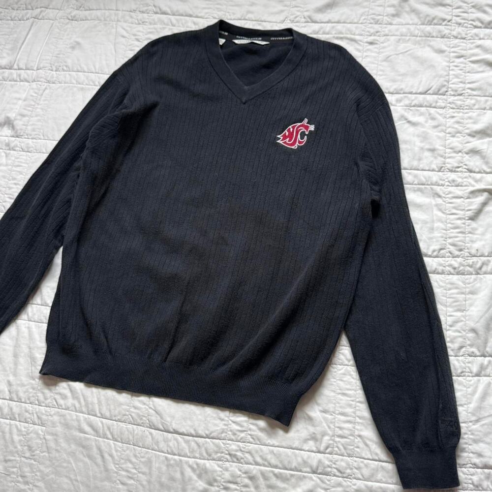 black Knit wsu v-neck sweater mens L ribbed collegiate cotton academia cougars